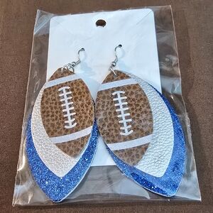 Football Leather Earrings with Blue Glitter